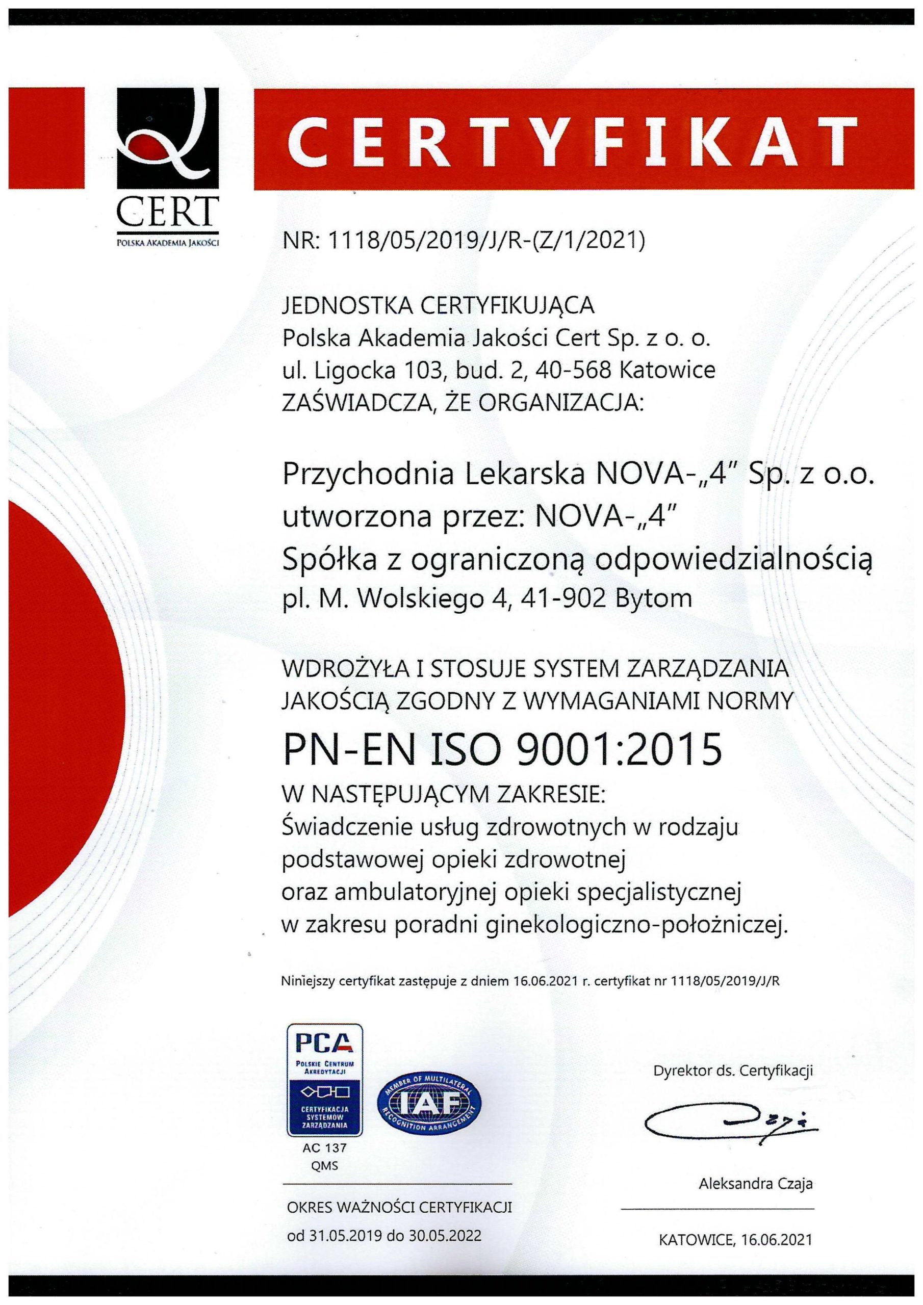 Przychodnia lekarska Nova 4 Bytom - Certyfikat ISO